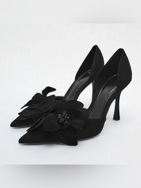 Zara Elegant Black Floral Pointed-Toe Real Suede Leather High Heels